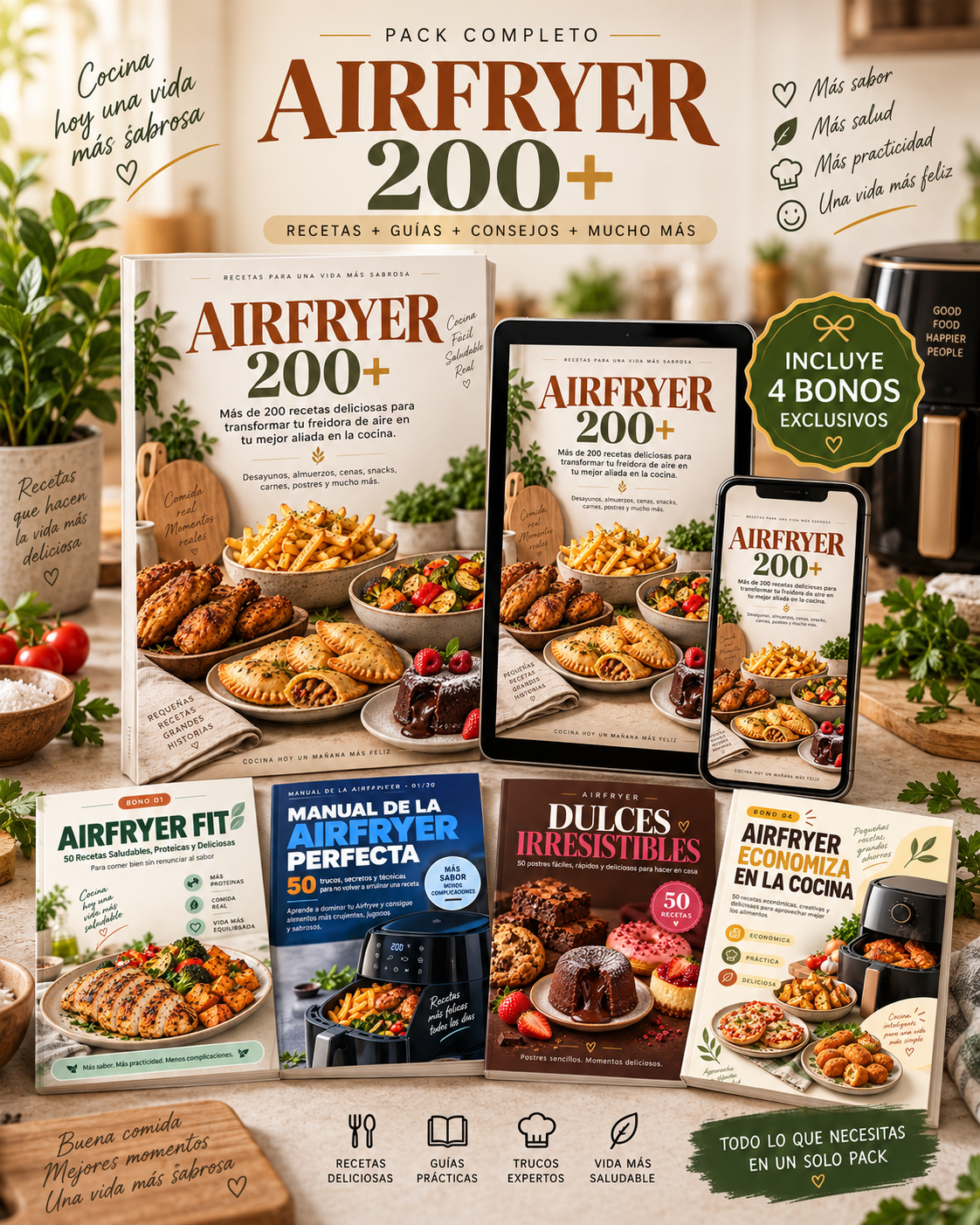 Mockup del paquete completo AIRFRYER 200+ con 4 bonos